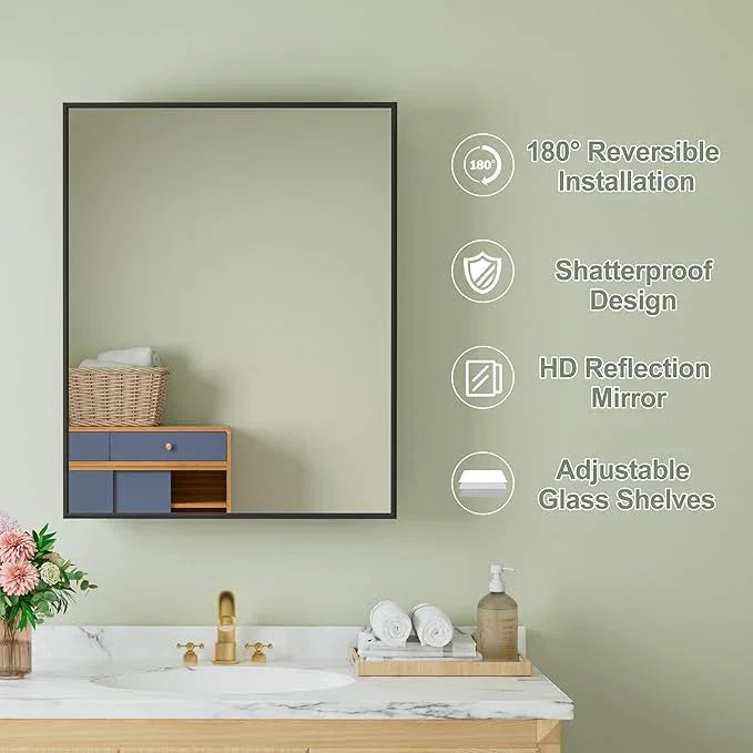 Buruis 24" x 30" Framed Medicine Cabinet with Mirror, Recessed or Wall Mounted Bathroom Cabinet, Adjustable Tempered Glass Shelves, Left/Right Open Reversible, No Assembly Required, Black - ModernBath