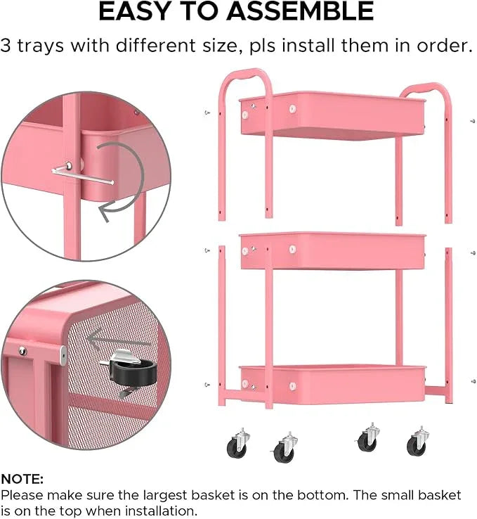 MAX Houser 3-Tier Rolling Utility Cart with Caster Wheels,Easy Assembly, for Kitchen, Bathroom (Pink) - ModernBath