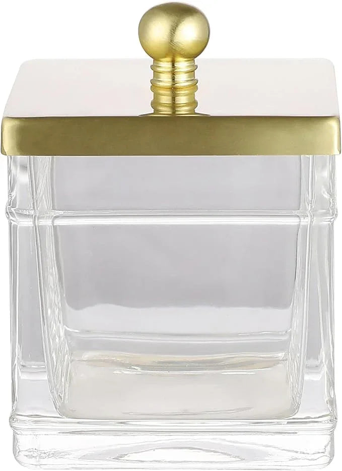 Indecor Home Clear Transparent Hotel Style Apothecary Tempered Glass Canister Jar W/ Gold Metal Lid Cover, Classic Countertop Organizer for Cotton balls/pads, Floss Picks, Makeup Storage - ModernBath