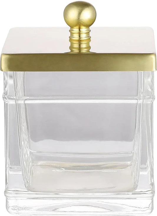 Indecor Home Clear Transparent Hotel Style Apothecary Tempered Glass Canister Jar W/ Gold Metal Lid Cover, Classic Countertop Organizer for Cotton balls/pads, Floss Picks, Makeup Storage - ModernBath