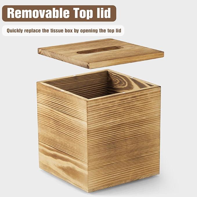 Dreamkey Square Burnt Wood Tissue Box Cover, Rustic Solid Wood Tissue Box Holder with Removable Top Lid for Bathroom, Bedroom, Living Room, Office, Brown - ModernBath