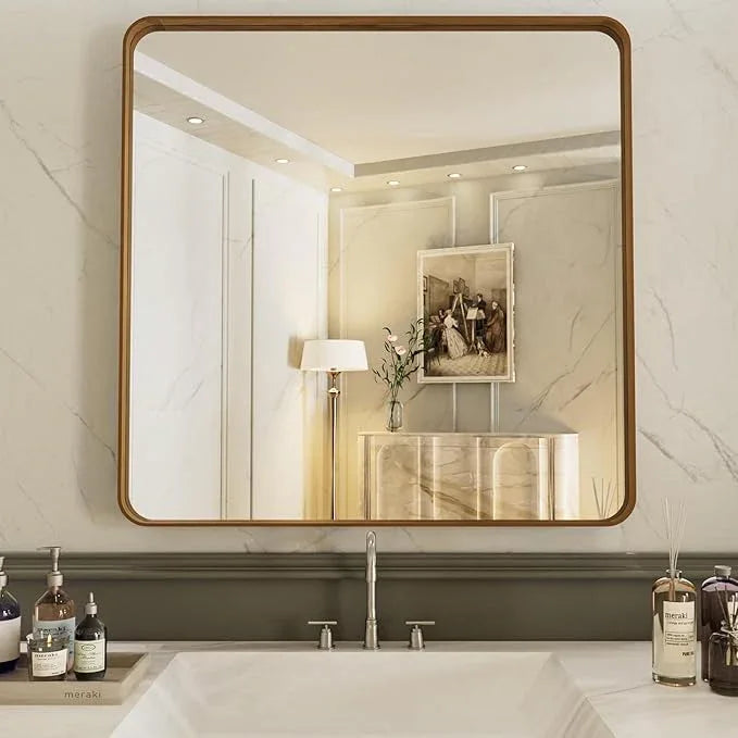 LOAAO 30X30 Bathroom Mirror with Wood Grain Colored Metal Frame, Rounded Rectangle Metal Framed Bathroom Mirror, Anti-Rust, Hangs Horizontally or Vertically - ModernBath