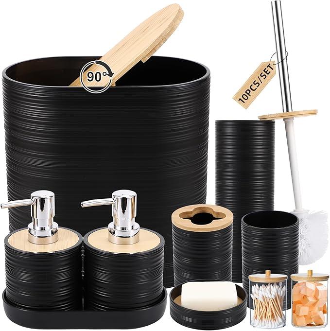 XLHOMO Black Bathroom Set, Black Bathroom Accessories Set with Trash Can, 2PCS Soap Dispensers, Soap Dish, Toothbrush Holder, Toothbrush Cup,Toilet Brush, Tray and Qtip Holders for Bathroom Decor - ModernBath