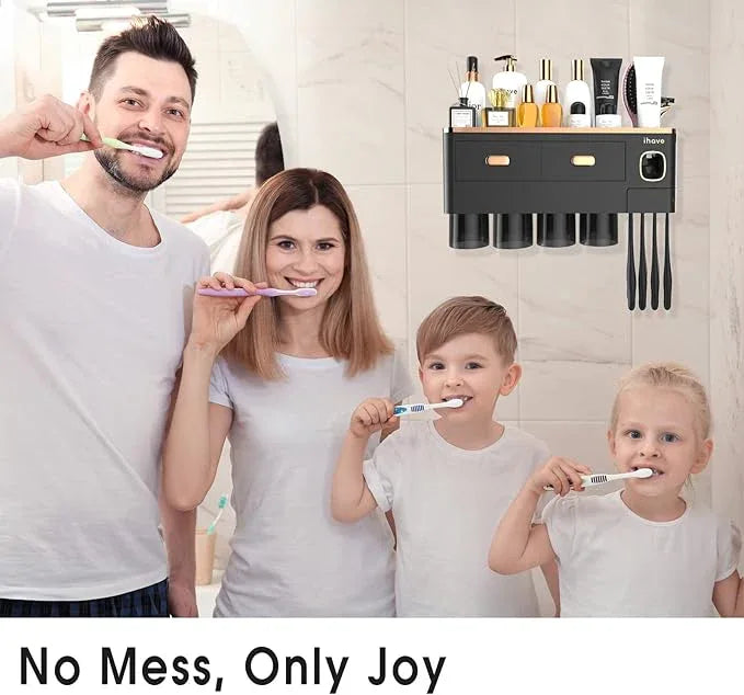 iHave Toothbrush Holders Wall Mounted with Toothpaste Dispenser & 4 Cups - Luxury Black and Gold Design for Bathroom Decor, All-in-One Bathroom Organizers & Storage for Toothbrushes and Accessories - ModernBath