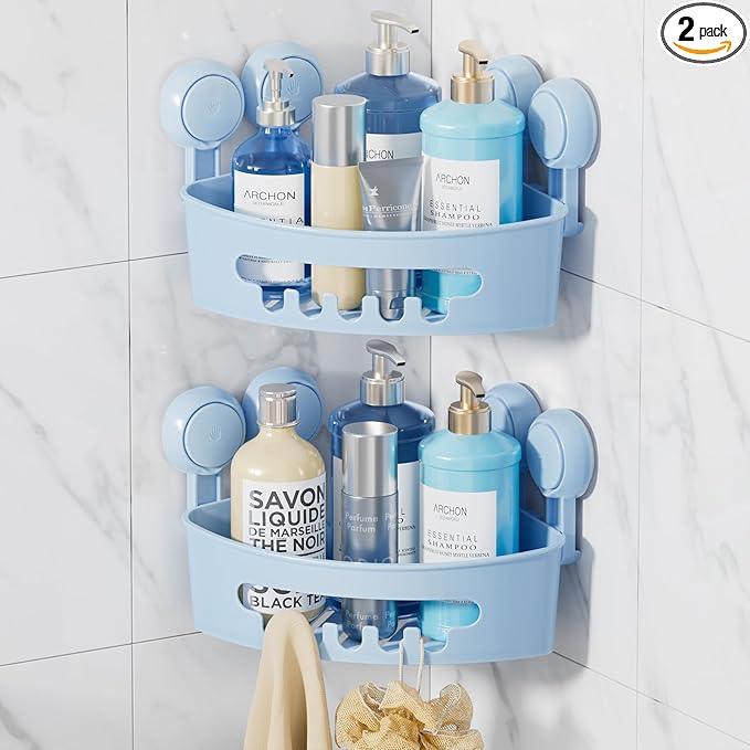 LEVERLOC Corner Shower Caddy Suction Cup, shower shelves suction cup, 2 Pack Basket Powerful Bathroom, Waterproof & Oil-proof Organizer for Kitchen, No-Drilling Removable (Blue) - ModernBath