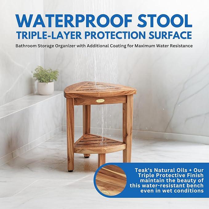 EcoDecors Snazzy Corner Waterproof Teak Wood Shower Bench Stool Seat Chair For Inside Shower Provides Safety, Storage, and Organization For Bathroom Accessories - ModernBath