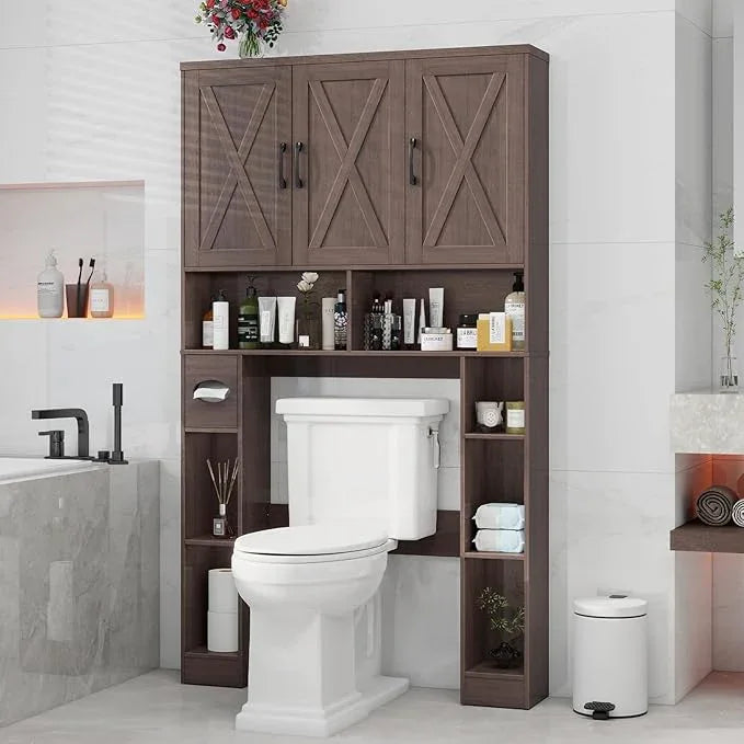 Over The Toilet Storage Cabinet, Farmhouse Toilet Cabinet Rack with 3 Barn Doors, Space Saving Bathroom Organizer with Shelves, Toilet Paper Holder and Towel Rack for Bathroom,Restroom, Espresso - ModernBath