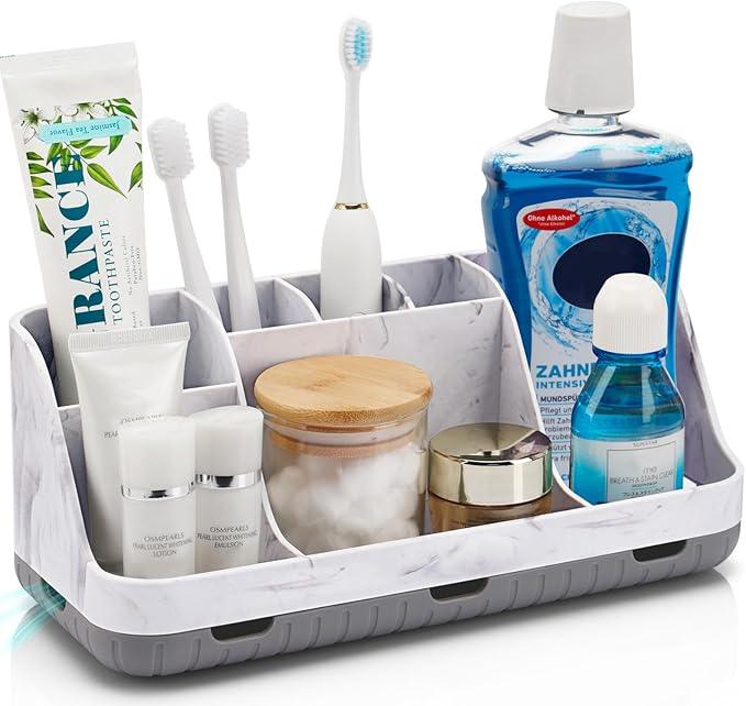 GFWARE Marble Bathroom Countertop Organizer - Detachable 7 Slots Kids Electric Toothbrush and Toothpaste Holde Drainage for Bathroom Accessories Organization Counter Vanity Storage, Grey - ModernBath