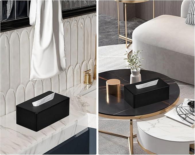 GOLRANLYE Tissue Box Cover Rectangular 9.8"(L) x 5.3"(W) x 4.3"(H) Refined Modern PU Leather Facial Tissue Dispenser Box Holder for Dresser Bathroom Decorative (Black) - ModernBath