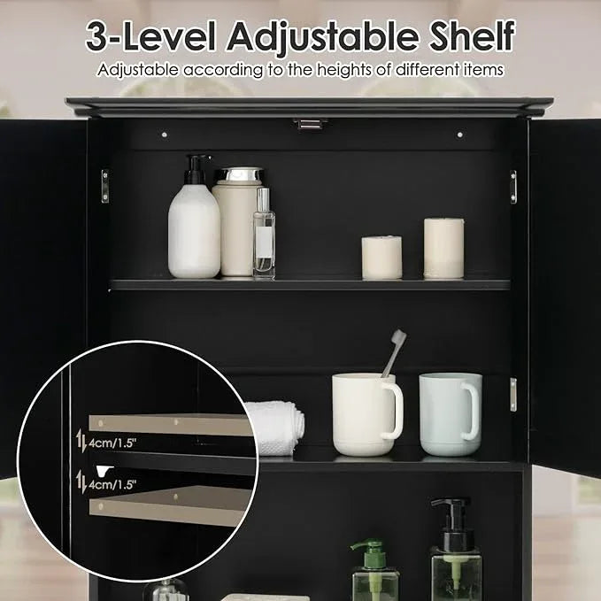 Tangkula Wall Mount Bathroom Cabinet Wooden Medicine Cabinet Storage Organizer with 2-Doors and 1-Shelf Cottage Collection Wall Cabinet (Black) - ModernBath