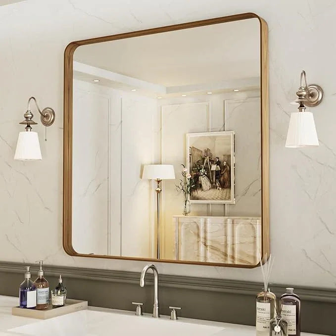 LOAAO 38X38 Inch Bathroom Mirror with Wood Grain Colored Metal Frame, Rounded Rectangle Metal Framed Bathroom Mirror, Anti-Rust, Hangs Horizontally or Vertically, Tempered Glass - ModernBath