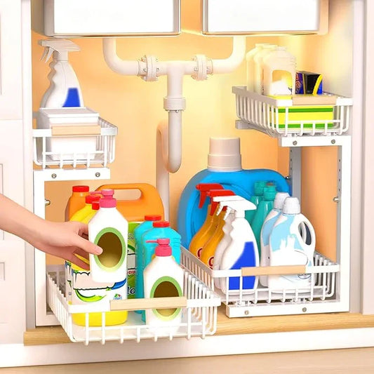 Under Sink Organizer, 2 Tier Pull Out Under-sink Shelves, Adjustable Height (13.8" -16.9"), Sturdy Metal Storage Organizer for Bathroom Kitchen Pantry Cabinet (2 Packs, White) - ModernBath