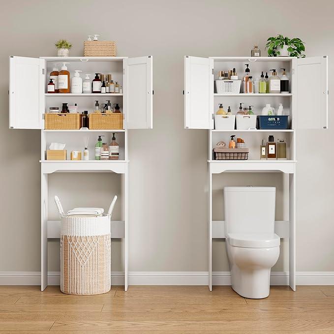 RRX Over The Toilet Storage Cabinet,Bathroom Above Toilet Cabinets Organizer, 24.8" L x 9.1 "W x 65.7 "H Free Standing Toilet Rack with Adjustable Shelf and Open Storage,Double Doors(Pure White) - ModernBath
