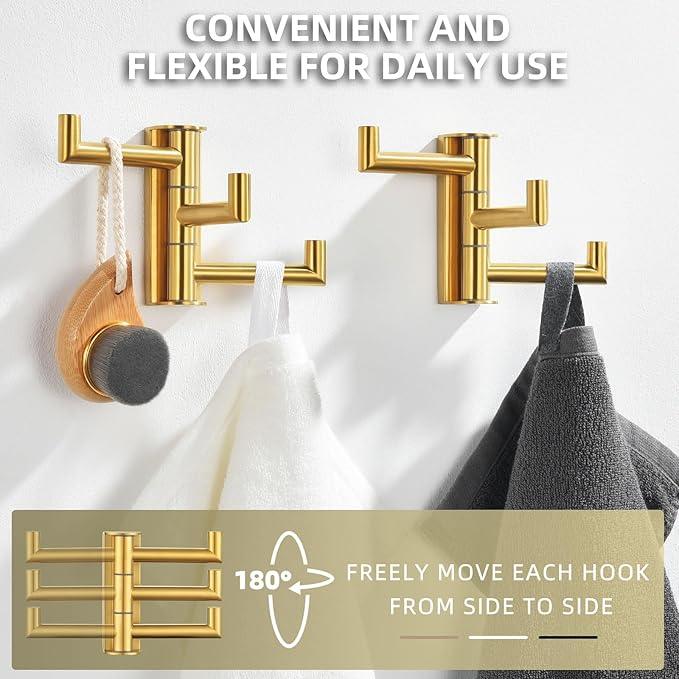 Angle Simple Towel Hooks Swivel, 304 Stainless Steel 3 Arms Foldable Hand Towel Holder, Coat Hooks, Brushed Dark Gold, 2 Pack - ModernBath