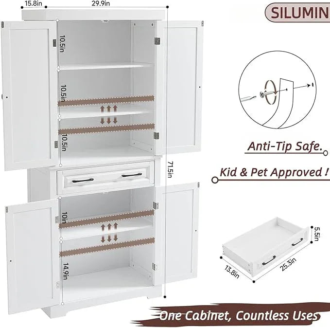 72" Tall Kitchen Pantry Cabinet, White Wooden Storage Cabinet with Drawer, Adjustable Shelves & Anti-Tip Device, Freestanding Bathroom Storage Cabinet, Pantry Cabinets for Kitchen Storage - ModernBath