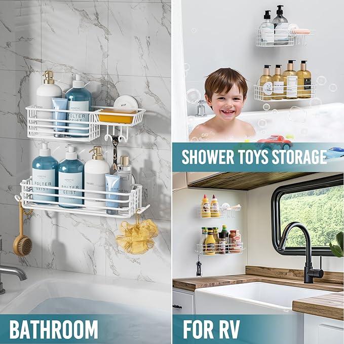 TAILI Shower Caddy Suction Cup 2 Pack with Hooks & Soap Holder, Heavy Duty Shower Organizer for Bathroom, No Drilling Bathroom Organizer with Large Capacity, Metal Storage Basket-White - ModernBath