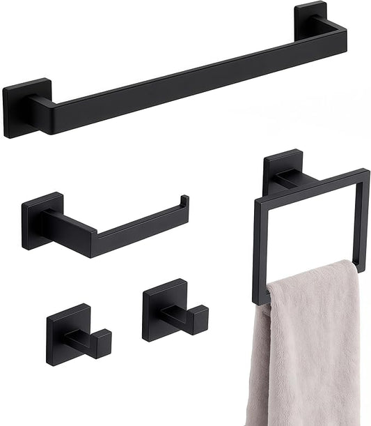 Bexarion 5 Pieces Matte Black Bathroom Hardware Accessories Set, 23.6 Inch Stainless Steel Towel Bar Set, Wall Mount Toilet Paper Holder, Towel Holder, Towel Hooks for Bathroom