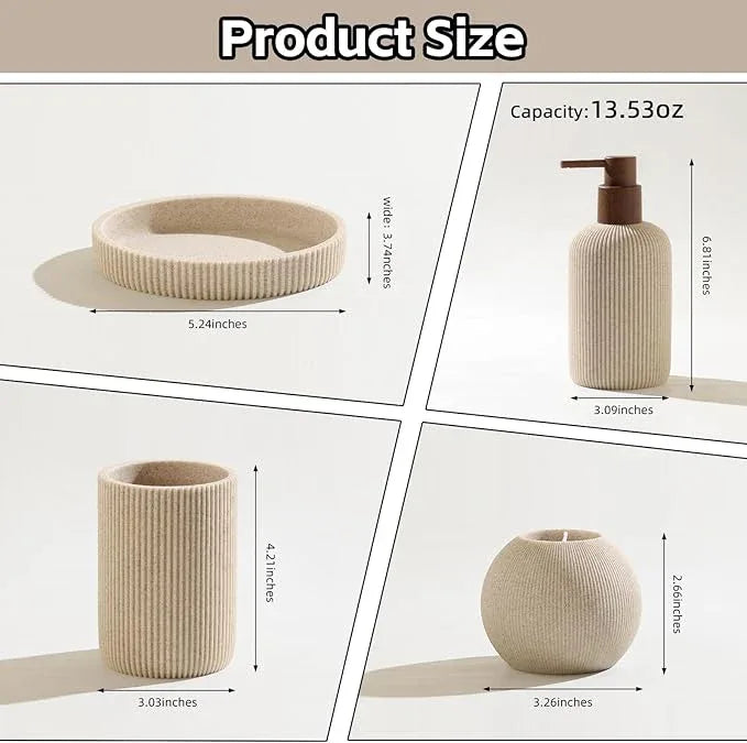 WUUAHOME Bathroom Accessories Set, 5 PCS Sandstone Look Stripe Modern Bath Organizer with Soap Dispenser, Toothbrush Holder, Tumbler, Soap Dish, Candle Holder for Countertop Kitchen Sink (Beige) - ModernBath