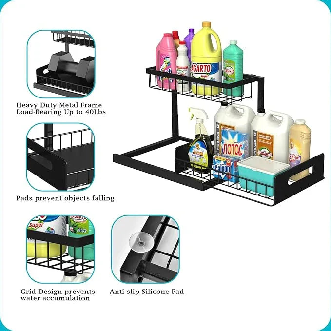 REALINN Under Sink Organizer, Pull Out Cabinet Storage 2 Tier Slide Out Sink Shelf, Kitchen Organizers and Storage, Black, 1 Pack - ModernBath