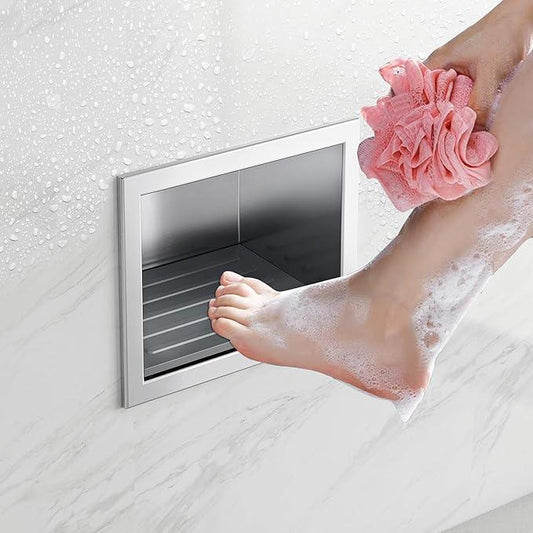 Qeke Shower Foot Rest for Shaving Legs, 304 Stainless Steel Footrest Niche with Shaving Holder, Recessed Shower Niche for Shaving Legs, Brushed Nickel - ModernBath