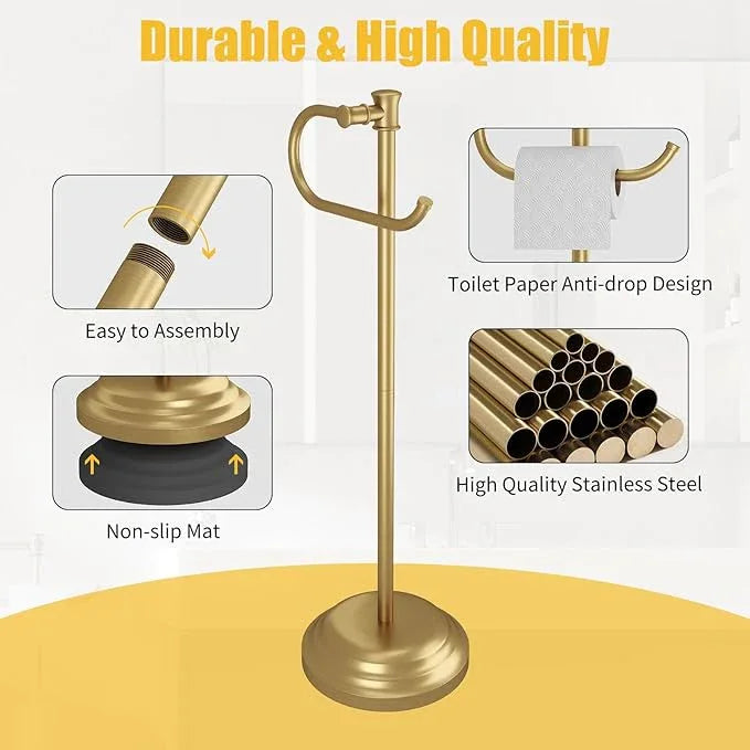 BESy Toilet Paper Holder Free Standing Bathroom Toilet Tissue Holder Stand for Floor Toilet Paper Roll Holder with Storage Hardware Accessories Rack Hand Towel Bar Brushed Gold Stainless Steel - ModernBath