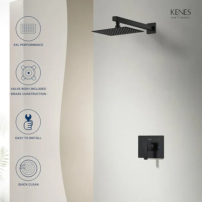 KENES Matte Black Shower Faucet with 10-Inch Shower Head and Handle Set, Square Shower Faucet Set Bathroom Rainfall Shower System Wall Mount, KE-6024B-2 (Shower Valve Included) - ModernBath