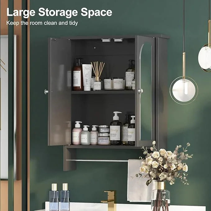 Bathroom Medicine Cabinet Mirror,Arched Bathroom Cabinet with Mirror,Surface Mount Medicine Cabinet Wall Mounted,Mirrored Medicine Cabinets with Towel Bar,Black Wall Cabinet 22x28 - ModernBath