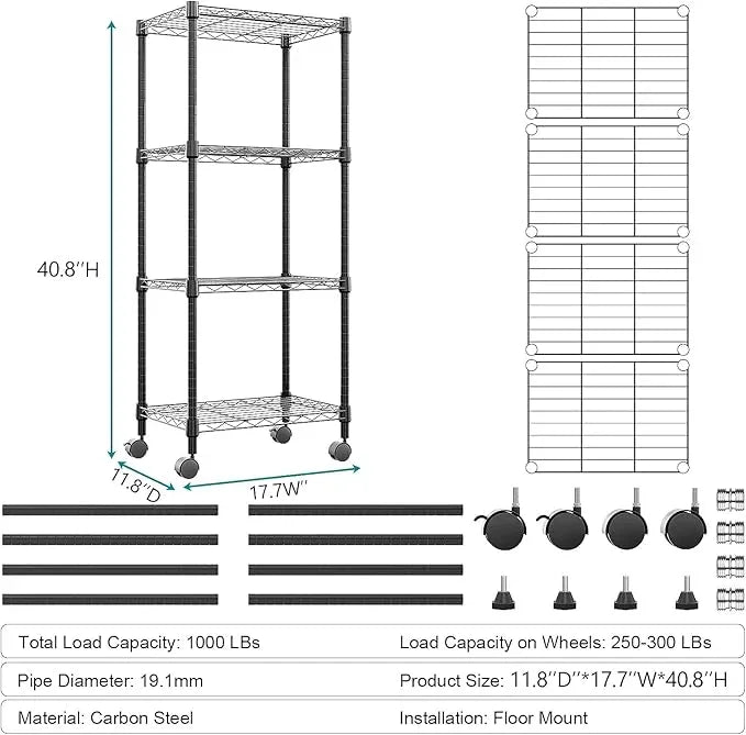 4-Shelf Adjustable Heavy Duty Steel Wire Rack, Adjustable Storage Shelving Unit with Wheel for Kitchen, Garage, Laundry Black 11.8" D x 17.7" W x 40.8" H - ModernBath