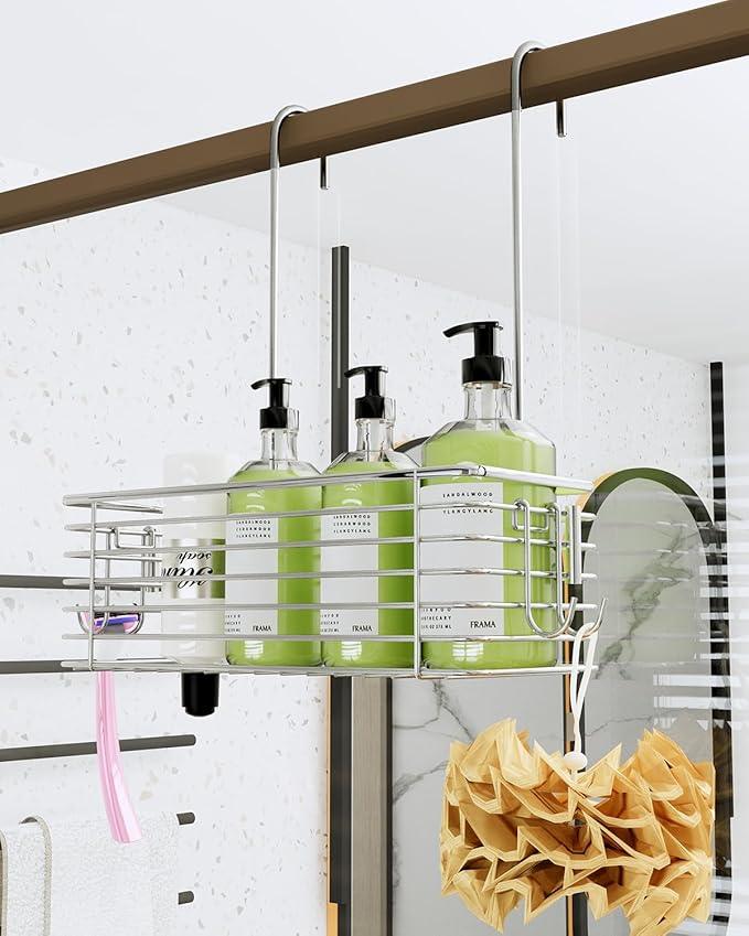 QIHS Over Door Shower Caddy, Stainless Steel Bathroom Organizer with Rotating Hooks, Hanging Storage Basket for Shampoo - ModernBath