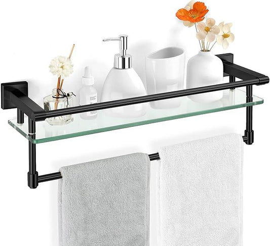20-inch Glass Shelf with Towel bar, Matte Black-Finished Rail, Rectangular Stainless Steel Shelf, Wall-Mounted Storage Rack - ModernBath