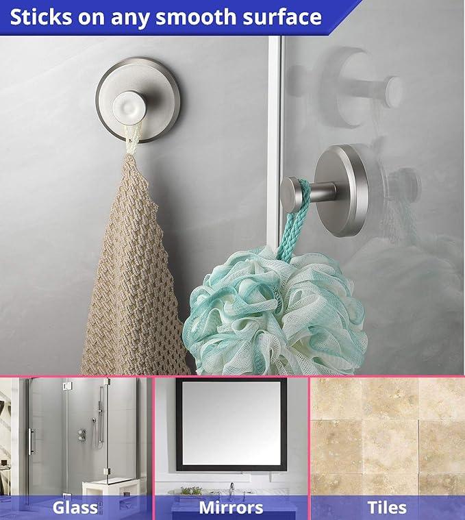 HOME SO Suction Cup Hooks for Shower, Bathroom, Kitchen, Glass Door, Mirror, Tile – Loofah, Towel, Coat, Bath Robe Hook Holder for Hanging up to 15 lbs – Polished Matte Chrome, Brushed Nickel (4-pack) - ModernBath