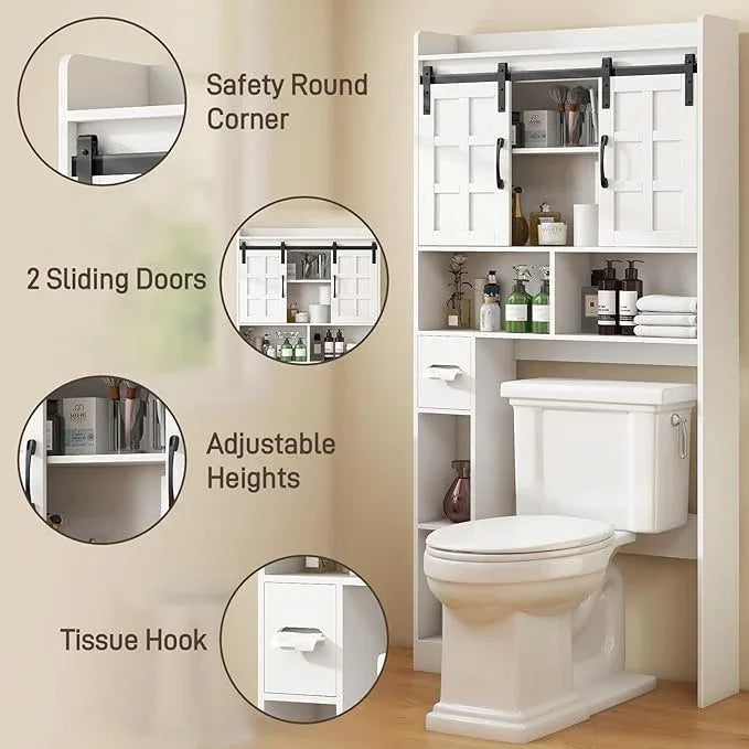 Over The Toilet Storage Cabinet, Farmhouse Storage Cabinet Over Toilet with Sliding Doors，Home Space-Saving Toilet Rack, for Bathroom, Restroom, Laundry,White - ModernBath