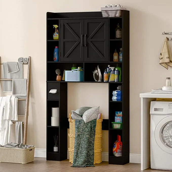 Farmhouse Storage Cabinet Over Toilet with Barn Doors，Over The Toilet Storage Cabinet, Home Space-Saving Toilet Rack, for Bathroom, Restroom, Laundry.Pure Black - ModernBath