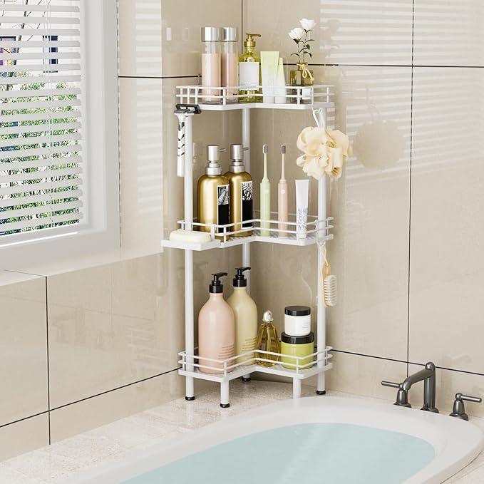 Consumest Corner Shower Caddy Standing - 3-Tier Stainless Steel Shower Organizer with Soap Holder and 4 Hooks, Large Capacity Corner Shelf Stand for Bathroom, Rest Room, White - ModernBath