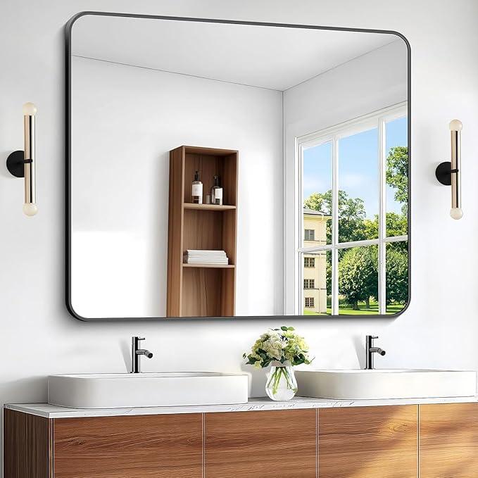 BONEWEI Black Bathroom Mirror,40x48 inch Wall Mirror for Bathroom Wall Mounted,Rectangle Mirror for Bathroom Over Sink,Modern Frame Round Corner for Living Room,Bedroom Entryway,Horizontal/Vertical - ModernBath