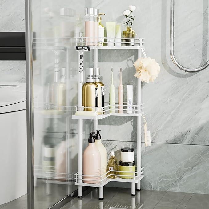 Consumest Corner Shower Caddy Standing - 3-Tier Stainless Steel Shower Organizer with Soap Holder and 4 Hooks, Large Capacity Corner Shelf Stand for Bathroom, Rest Room, White - ModernBath
