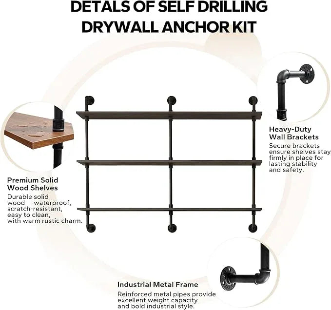 3-Tier Industrial Pipe Floating Shelf – Rustic 48 inch Wood Wall-Mounted Storage Shelf for Kitchen Office,Bathroom & Home Decor -Black - ModernBath