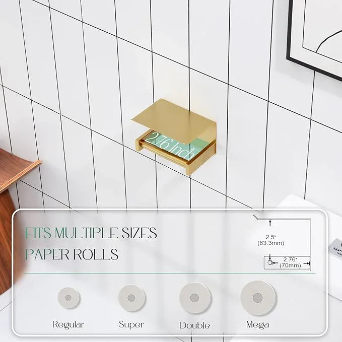 KOKOSIRI Roll Paper Holder Spring Loaded Tissue Paper Holder Bathroom Toilet Roll Holder with Shelf Wall Mounted Stainless Steel Brushed Gold B2012BG - ModernBath