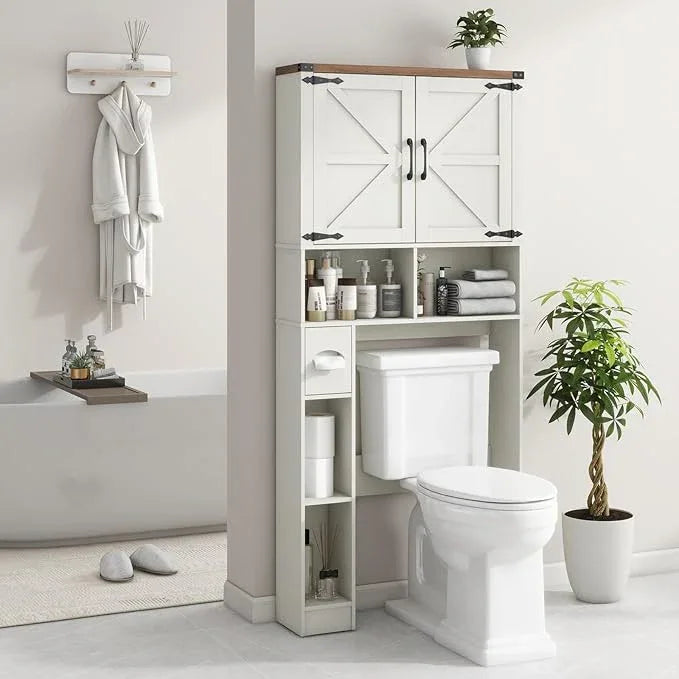 Vabches Over The Toilet Storage Cabinet, Farmhouse Storage Cabinet Over Toilet with 2 Barn Doors && Toilet Paper Holder Stand，Home Space-Saving Toilet Rack, for Laundry, Restroom, Bathroom - ModernBath