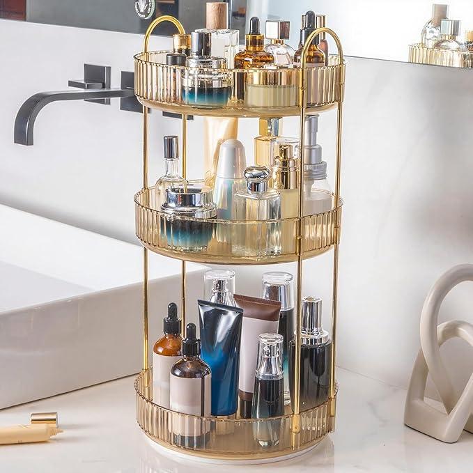 INVSSENE 360 Rotating Makeup Organizer, Yellow, Unisex, 3 Tier Countertop Storage, Fits Cosmetics, Perfume, Skincare, Lipsticks - ModernBath