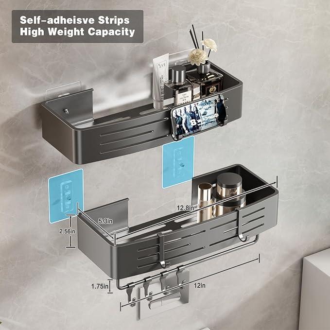 Voldra Adhesive Shower Caddy, 2 Pack Shower Shelves for Inside Shower No Drilling, Aluminum Stick On Showers Organizer with Towel Bar & Hooks Removable Bathroom Shelf Storage Rack(Gray) - ModernBath
