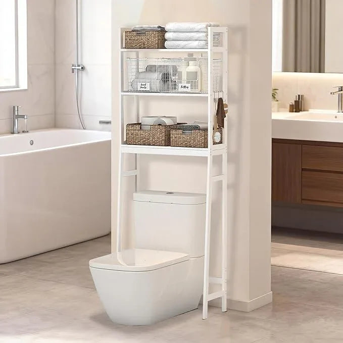BAMBANG Over The Toilet Storage Rack, 3-Tier Over The Toilet Storage Shelf with 3 Hooks, Freestanding Above Toilet Bathroom Organizer Shelves for Space Saver Storage, Bamboo White - ModernBath