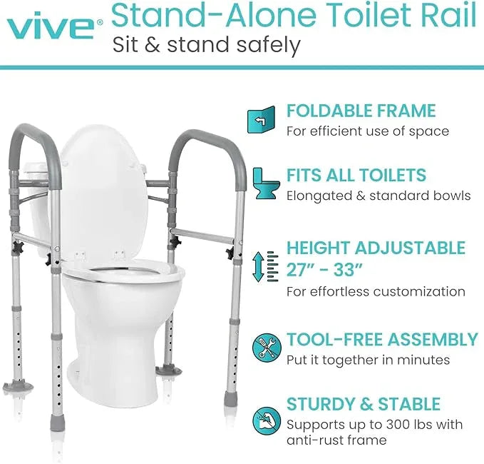 Vive Toilet Safety Rail - Medical Chair for Handicapped & Seniors - Folding Bathroom Frame w/Handles, Arms for Elderly, Disabled - Standalone Grab Bar - Seat Assistance Support Stand Up Assist - ModernBath