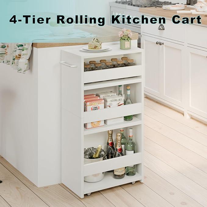 MARTY Rolling Storage Cart 7.9" W, 4-Tier Kitchen Cart with Wheels Handle, Slim Storage Cart Mobile Shelving Utility Carts for Bathroom Laundry Room Organization Narrow Places (All White) - ModernBath