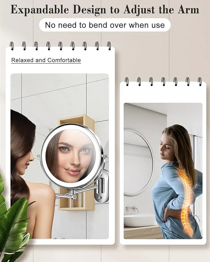 vpu 9" Wall Mounted Makeup Mirror with Light, 20X/1X Height Adjustable Double Sided Magnifying Bathroom Lighted Mirror, 3 Color Touch Dimmable Extended Arm 360 Rotation Light up Magnification Mirrors - ModernBath