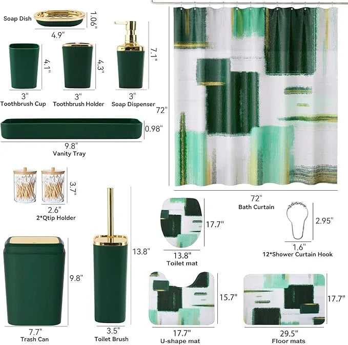 XLHOMO Bathroom Accessories Set - 25PC Bathroom Set with Shower Curtain and Rugs, Green Bathroom Set, Bathroom Accessory Set with Press-on Lid Trash Can, Soap Dispenser and Qtip Holders - ModernBath