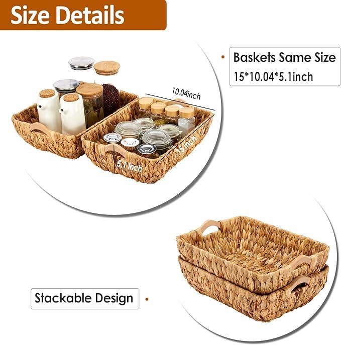 Wicker Baskets 2 Pack, Water Hyacinth Wicker Storage Basket with Wooden Handles, Hand-Woven Baskets for Storage, Natural - ModernBath