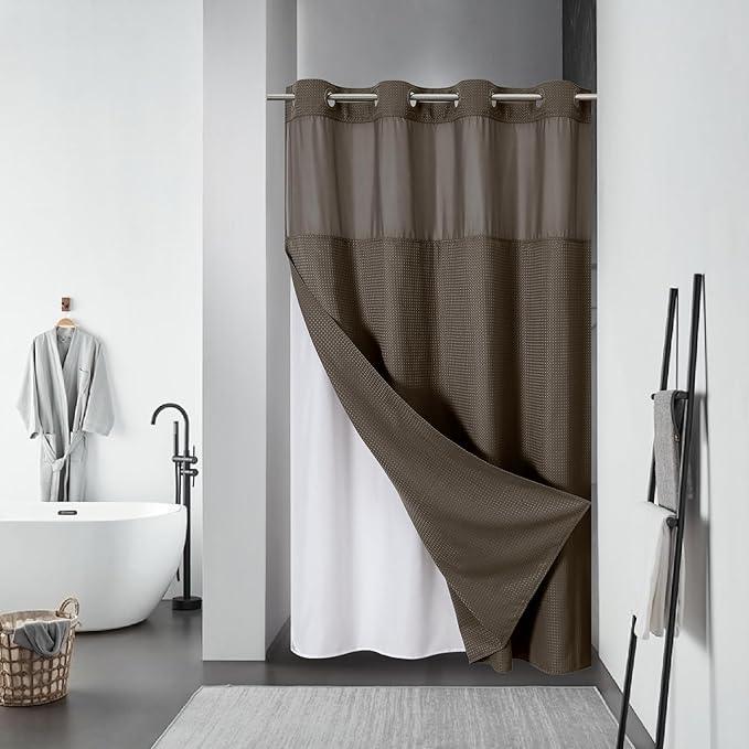 eachope Brown No Hook Waffle Weave Shower Curtain with snap-in Liner Replacement, 230GSM Waterproof Fabric Hotel Shower Curtain Set for Bathroom, Through Mesh Top Window,54Wx80H - ModernBath
