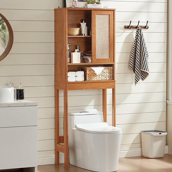 LEYAOYAO Over The Toilet Storage Cabinet with Rattan Sliding Door, 68" Tall Wood Above Toilet Bathroom Organizer w/Adjustable Shelf & Curved Profile, Space Saver Freestanding Washer Shelf - ModernBath