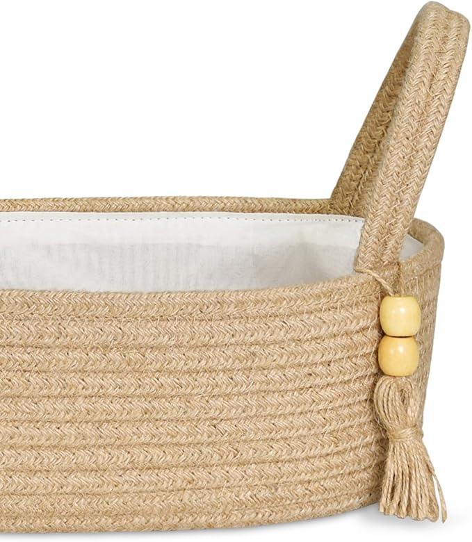 ABenkle Small Storage Basket for Toilet Tank Top - Jute Rope Woven Organizer with Handle, Boho Countertop Bathroom Decor, Toilet Paper Holder, 13x6x4 Inch - ModernBath
